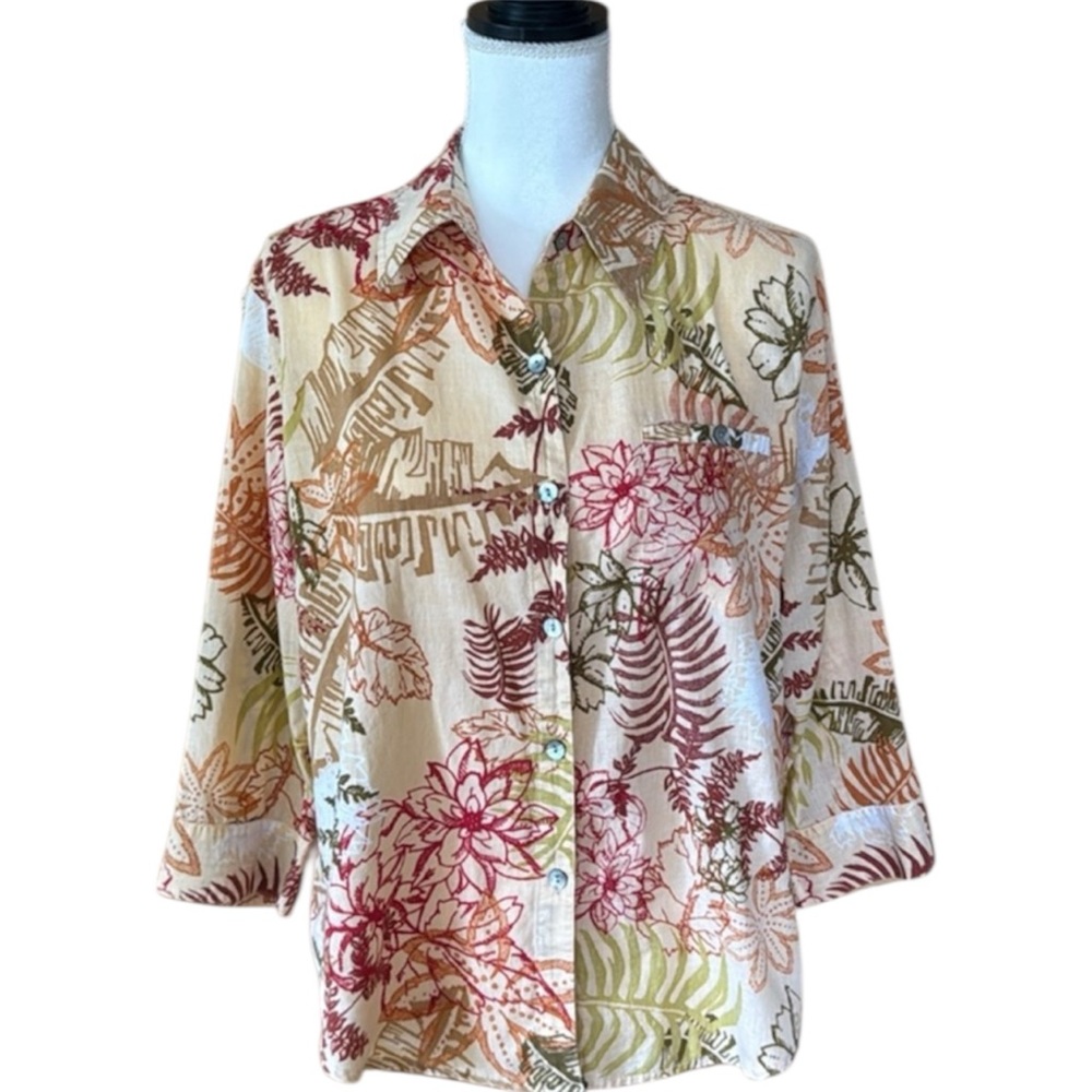Chico’s Floral Button Down 3/4 Sleeve Blouse 100% Cotton Size 2/Large